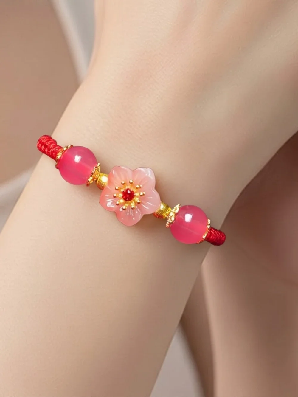 Lucky Red String Flower Bracelet Pink Beaded Adjustable Friendship Gift Feminine